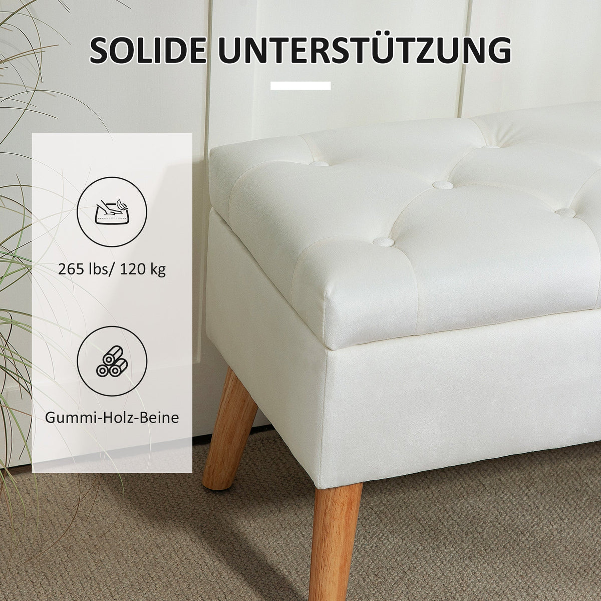 Bench with Storage, Upholstered Lid, Rubberwood White