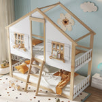 Bunk Bed, Children's with Windows & Roof, Safety Rails, Pine & MDF, White & Natural, 90x200cm