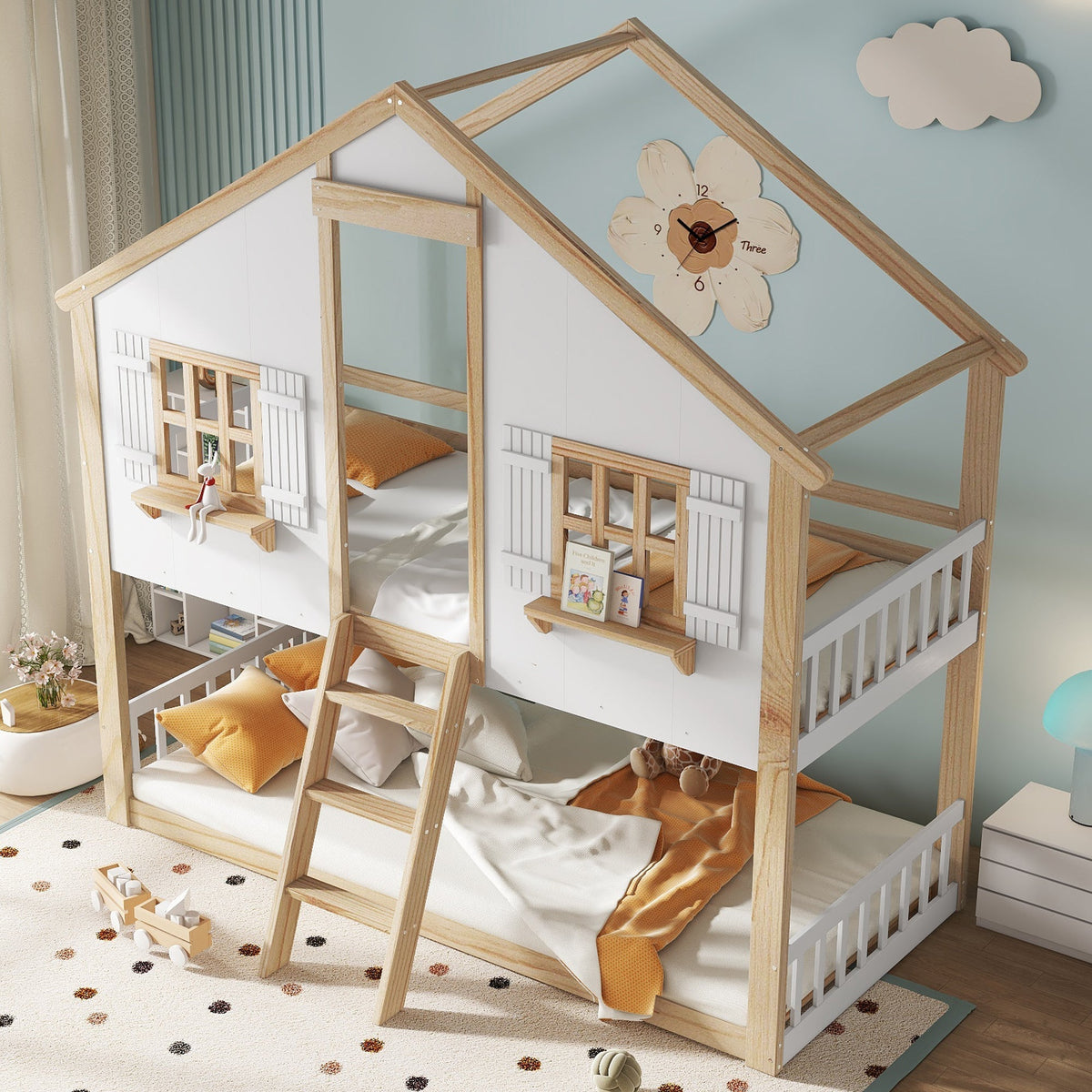 Bunk Bed, Children's with Windows & Roof, Safety Rails, Pine & MDF, White & Natural, 90x200cm