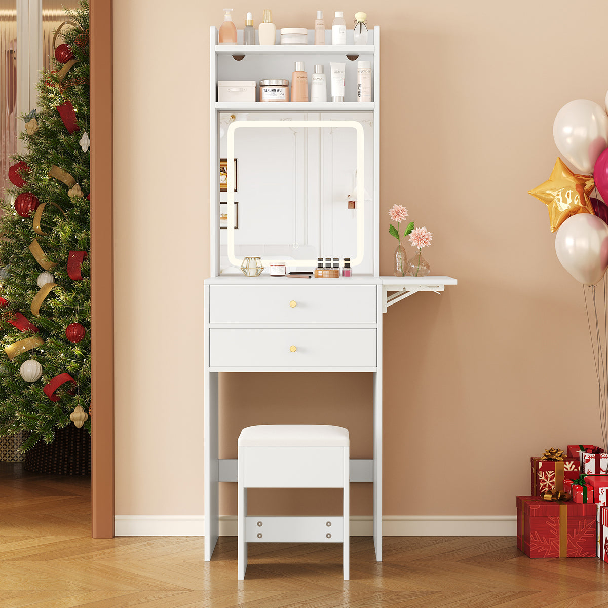 Small Dressing Table with LED Lighting, Stool & Drawers, White