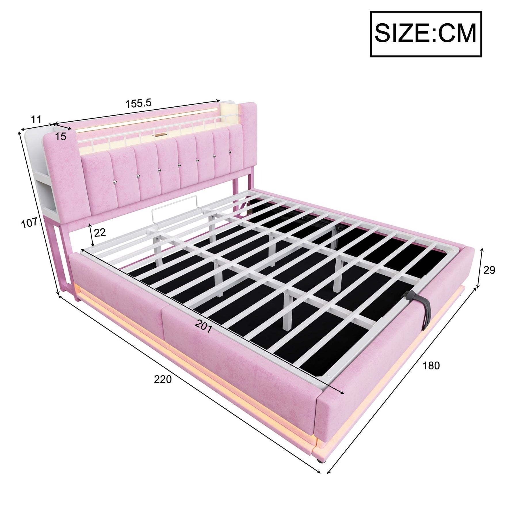 Smart Upholstered Bed with LED Lighting, USB and Hydraulic Storage, 180 x 200 cm, Pink Velvet