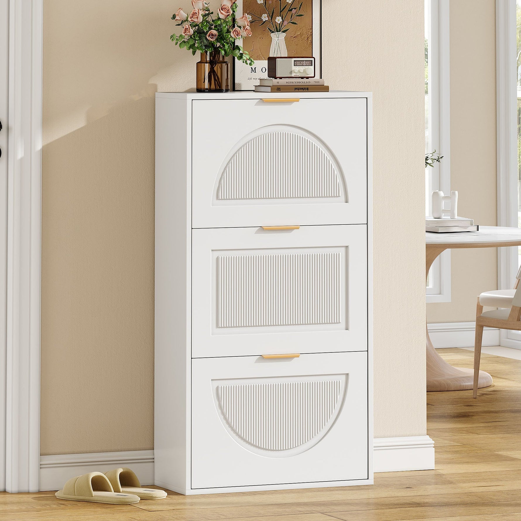 Narrow Shoe Cabinet 3 Doors 60x24x114cm - White