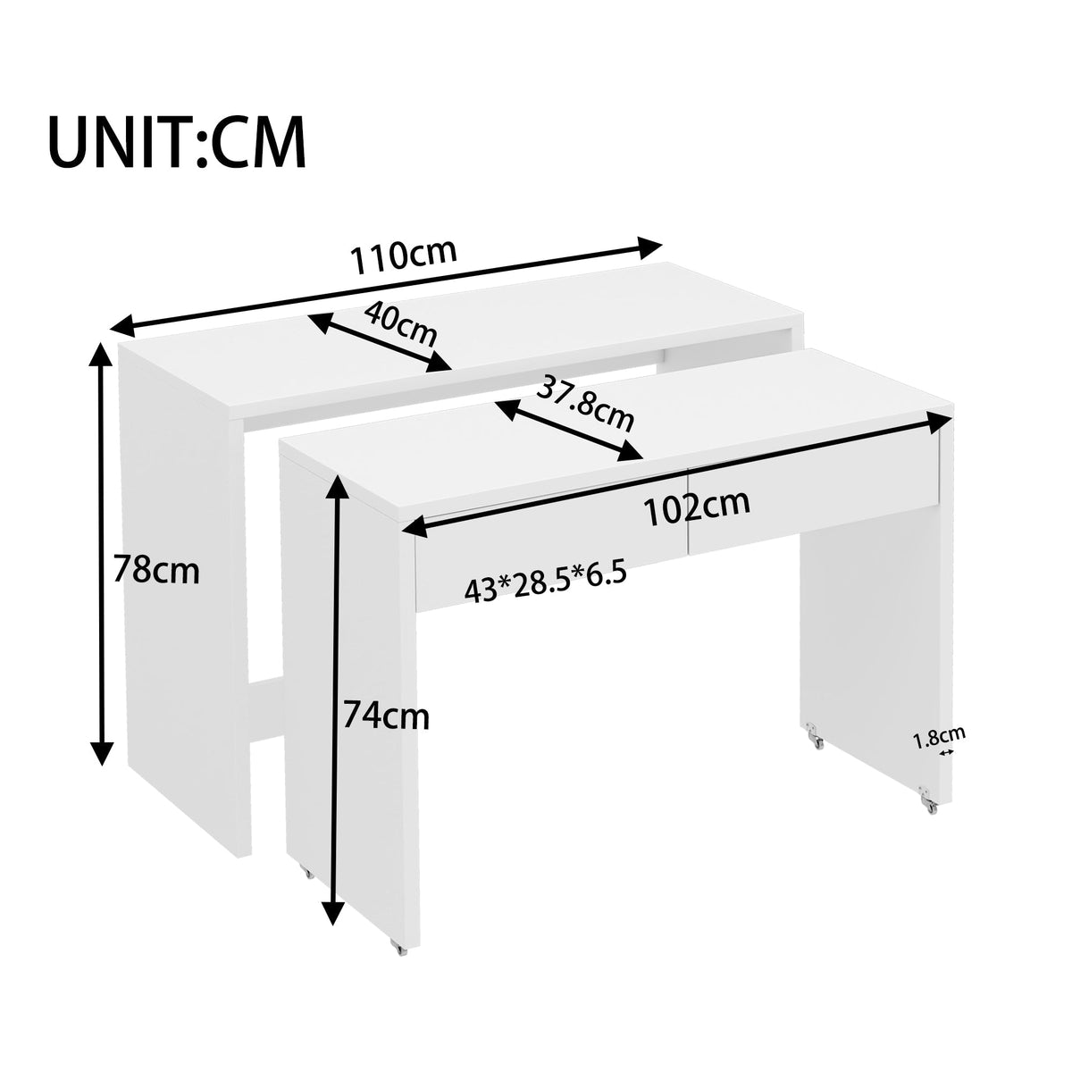 Desk + Chest of Drawers, 2-in-1 Extendable Compact Foldable, 1.8cm Thick Wood