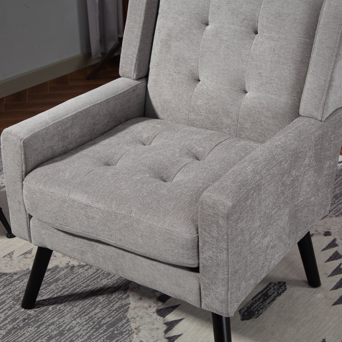 Mid-Century Modern Armchair with Buttoned Padding and Solid Wood Legs, Black Suede