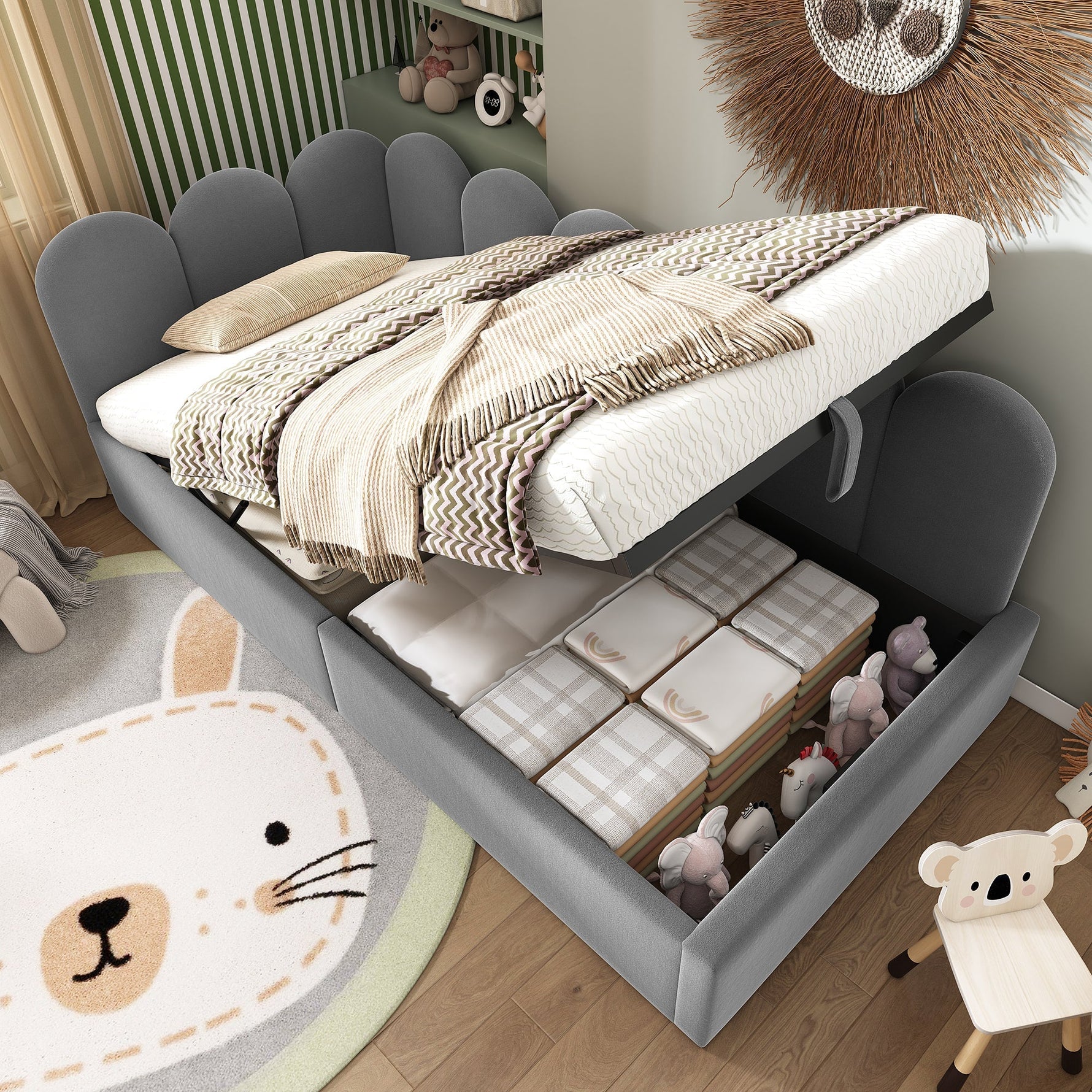 Upholstered Daybed 90x200cm with Hydraulic Storage and Metal Slatted Base, Grey Velvet