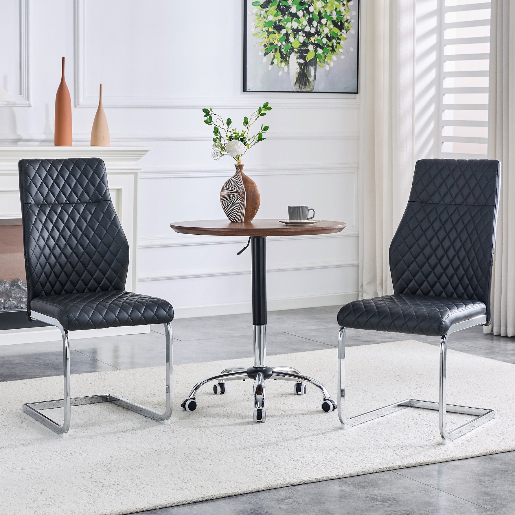 Dining Chair Set of 2, High Backrest and Padded Seat with Metal Frame, Black Diamond Pattern