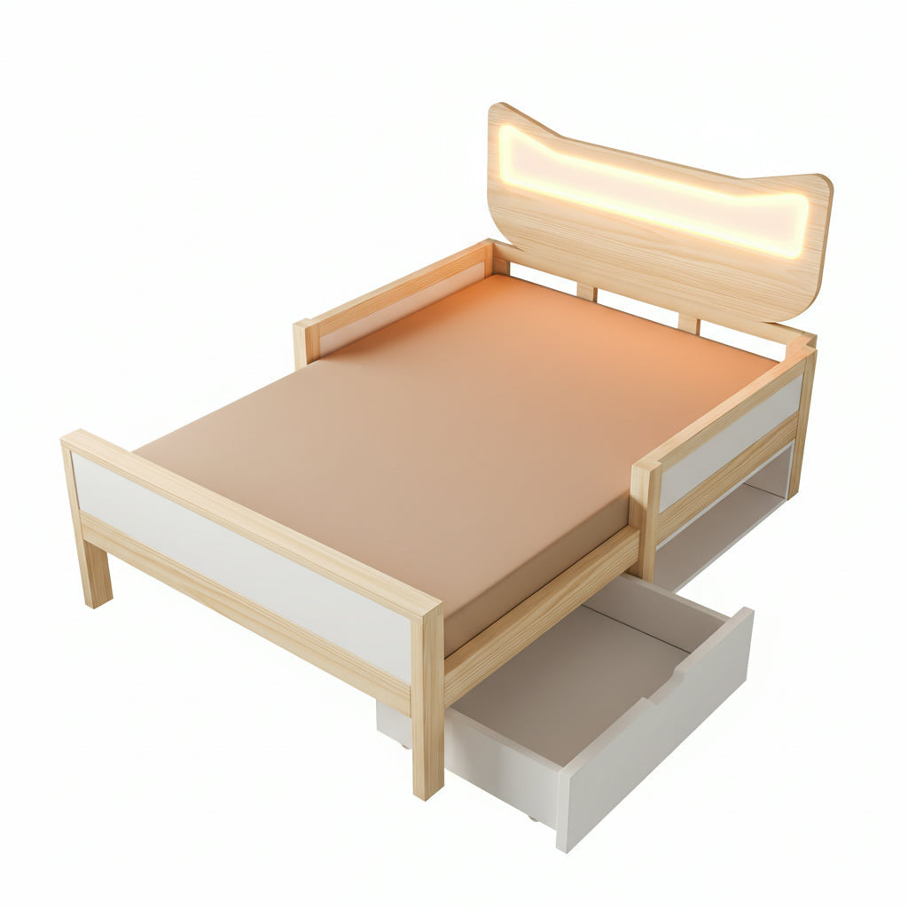 Children's Bed with Cat Ear Headboard, RGB LED Lighting, Storage Drawer and Safety Rails, 90x190cm, White and Oak