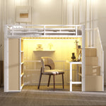 Loft Bed 90x200cm with Desk, Storage & LED Light - White Iron Frame