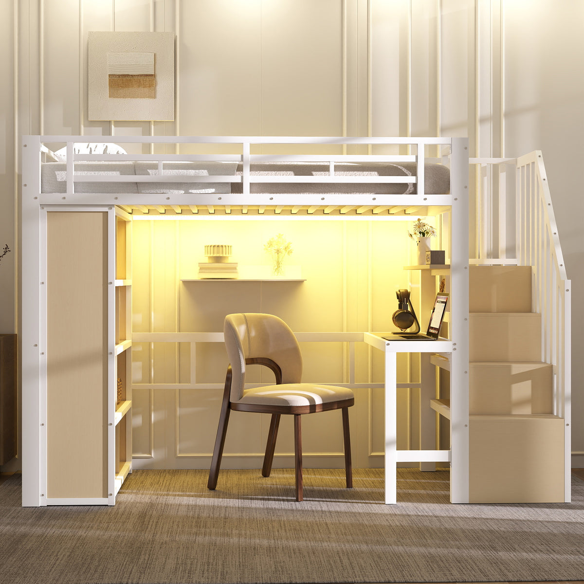 Loft Bed 90x200cm with Desk, Storage & LED Light - White Iron Frame