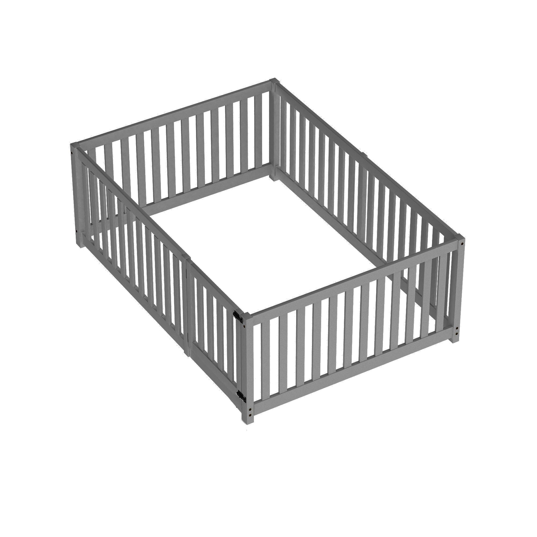 Children's bed 140 x 200, wooden floor bed frame with fence and door, grey