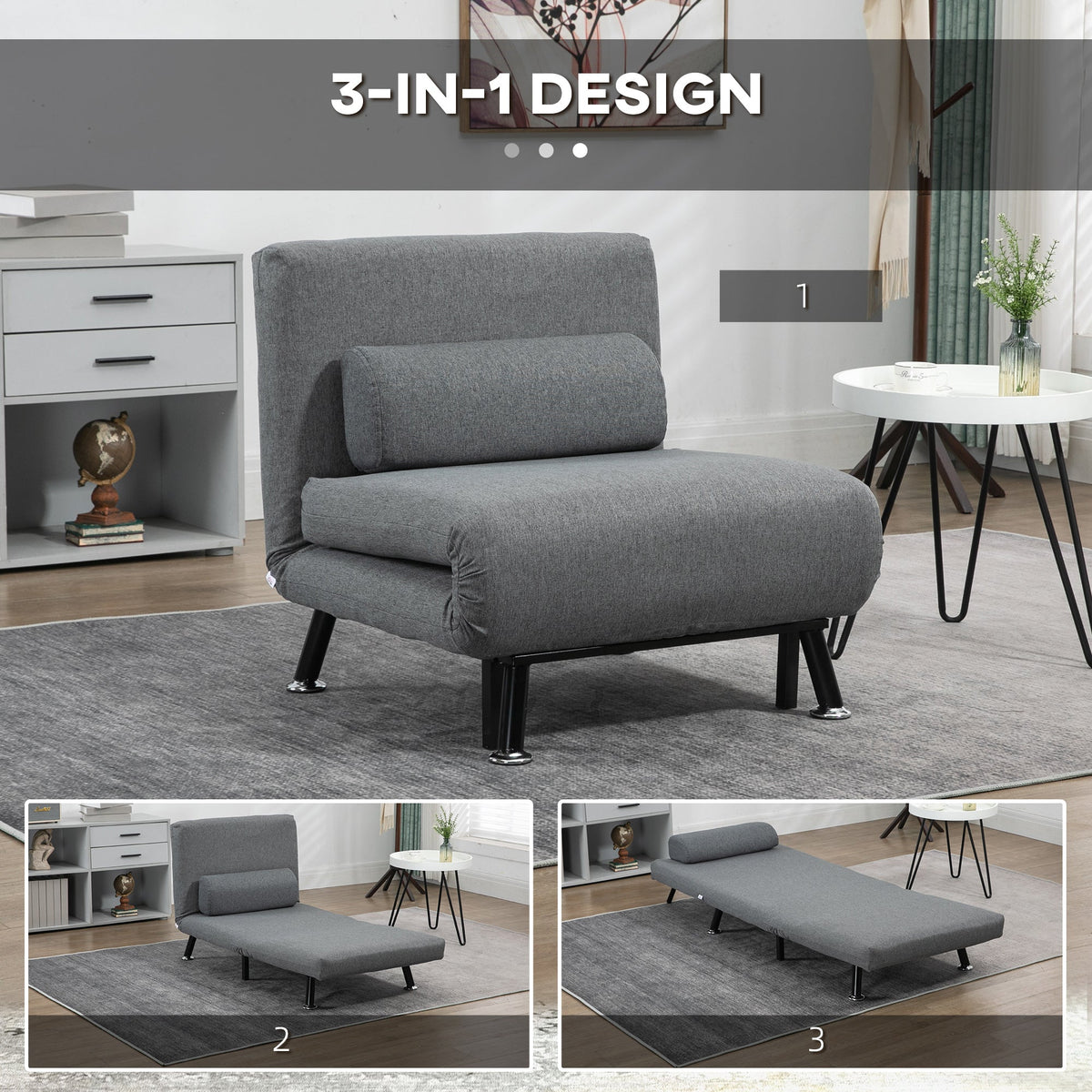 Sleeper Chair Folding Bed Adjustable Backrest, Dark Grey