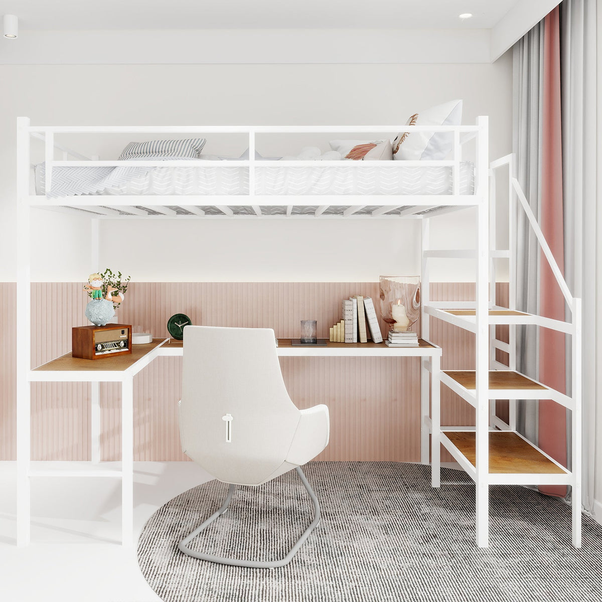 Loft Bed, L-Shaped Desk, Storage & Stairs, Sturdy Frame