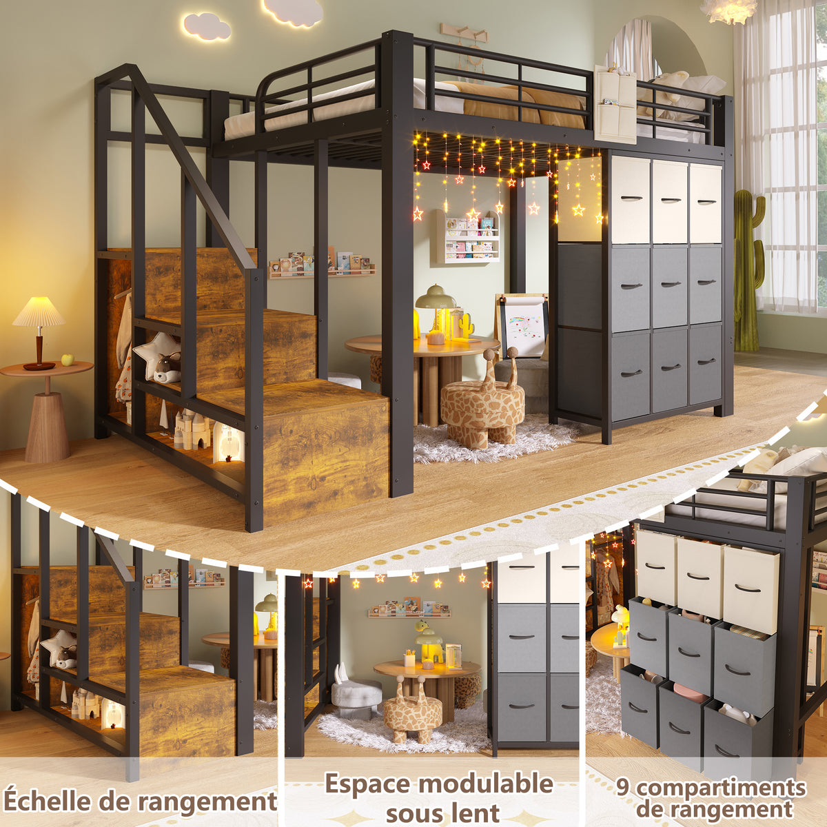 Loft Bed 140x200cm with Storage Stairs & Drawers, Black Metal