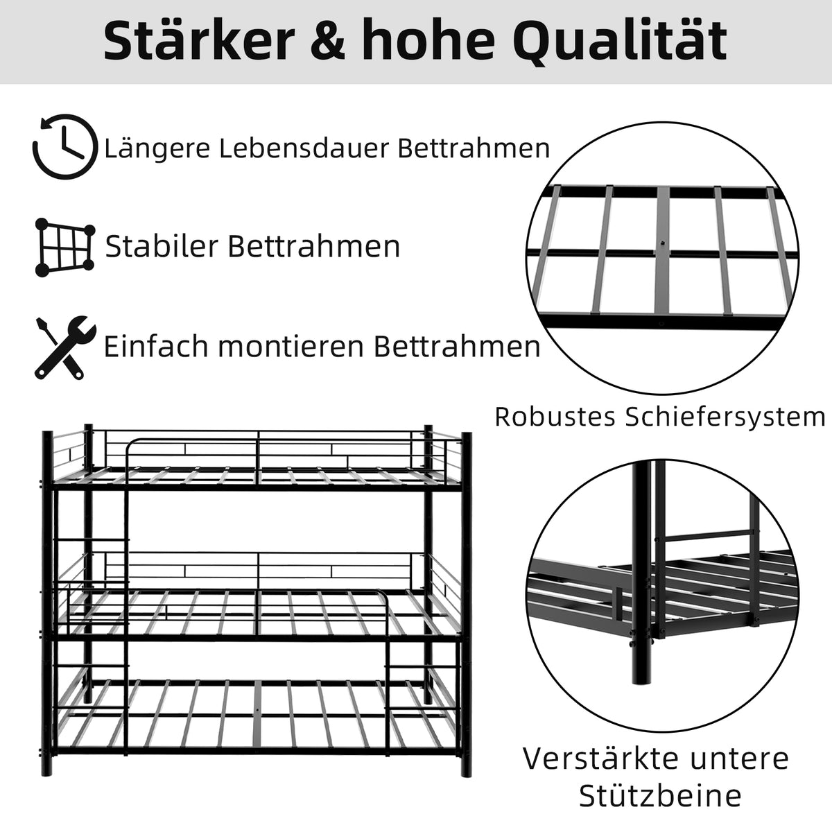 Three-Tier Bed Frame 90x190cm with Ladder & Guardrails