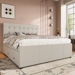 Upholstered Bed 140x200cm Extendable 3 Drawers Adjustable Headboard - Beige
