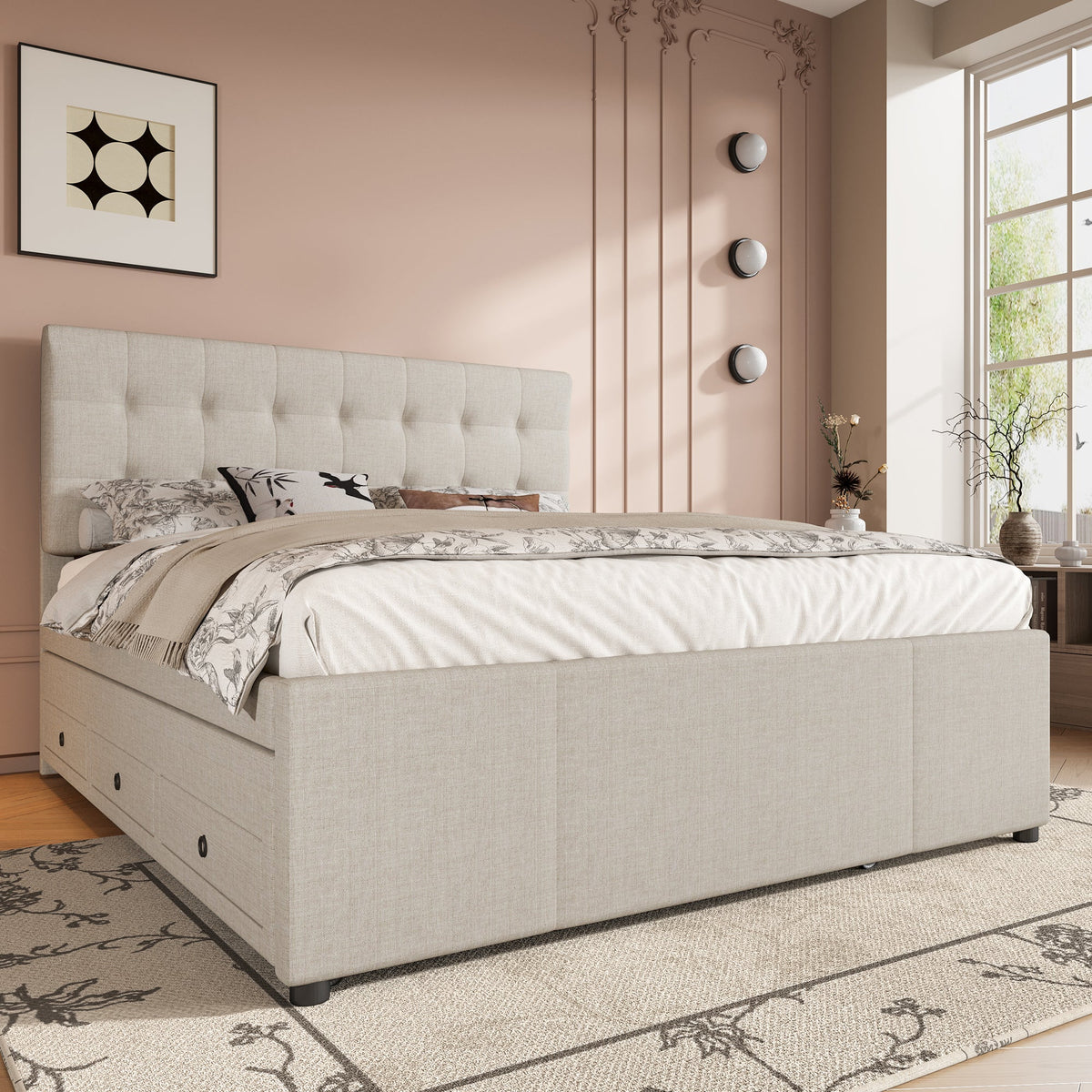 Upholstered Bed 140x200cm Extendable 3 Drawers Adjustable Headboard - Beige