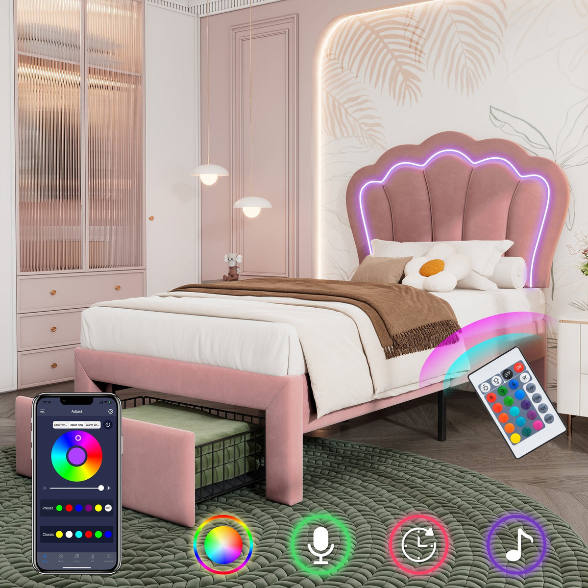 Children's Bed LED Single, 90 x 190 cm with Drawers, Adjustable Headboard, Velvet Pink
