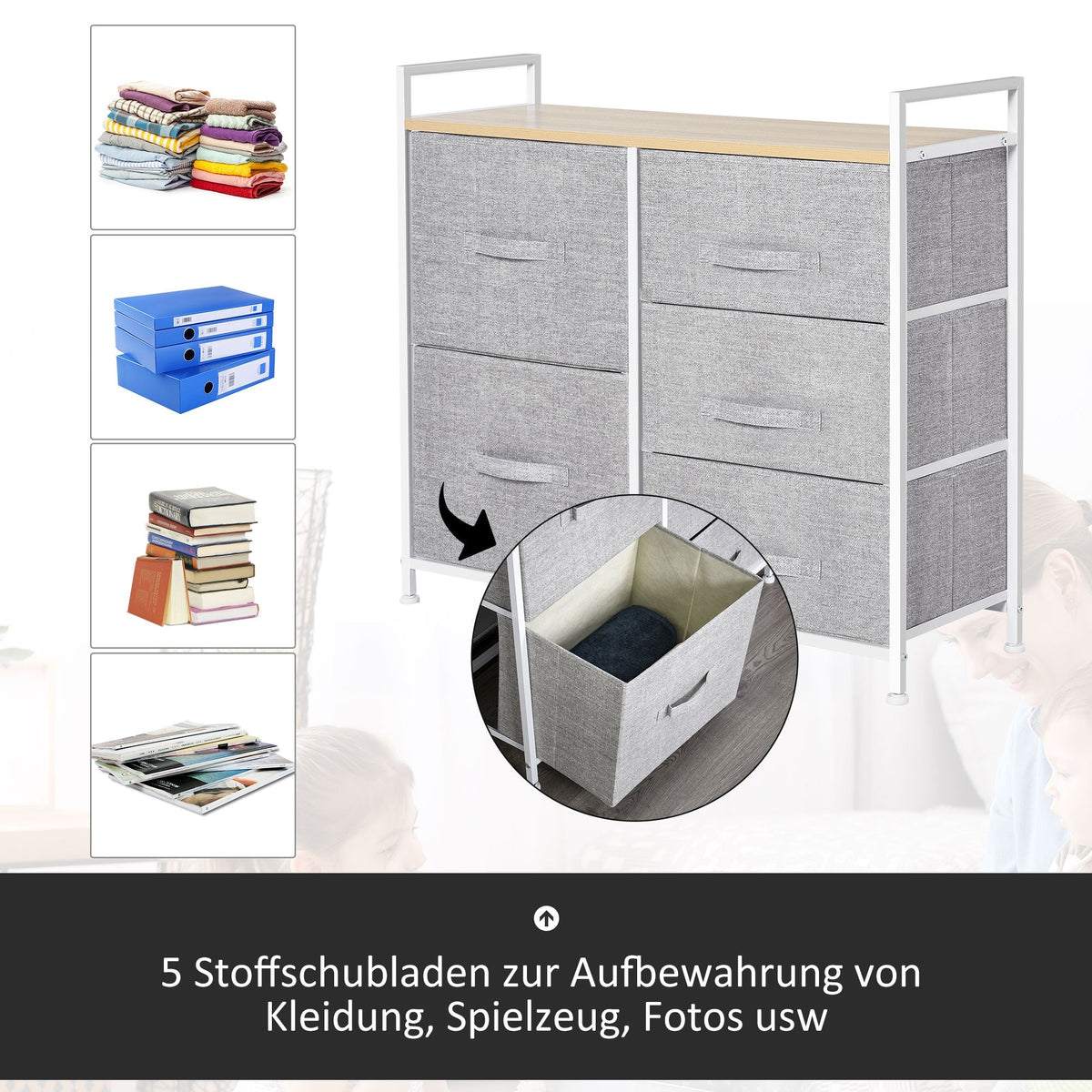 Chest of Drawers, 5 Fabric Drawers, Grey Fabric Wood Metal Frame