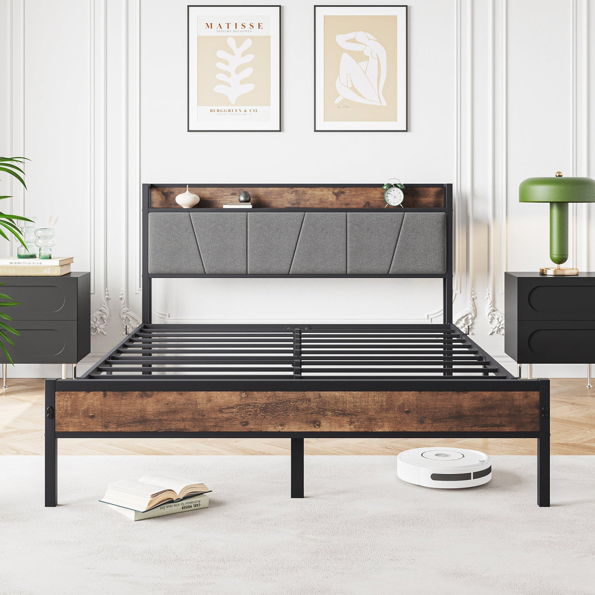 Bed Frame 140x200cm Smart LED USB Metal Slatted Noise-Free, Metal