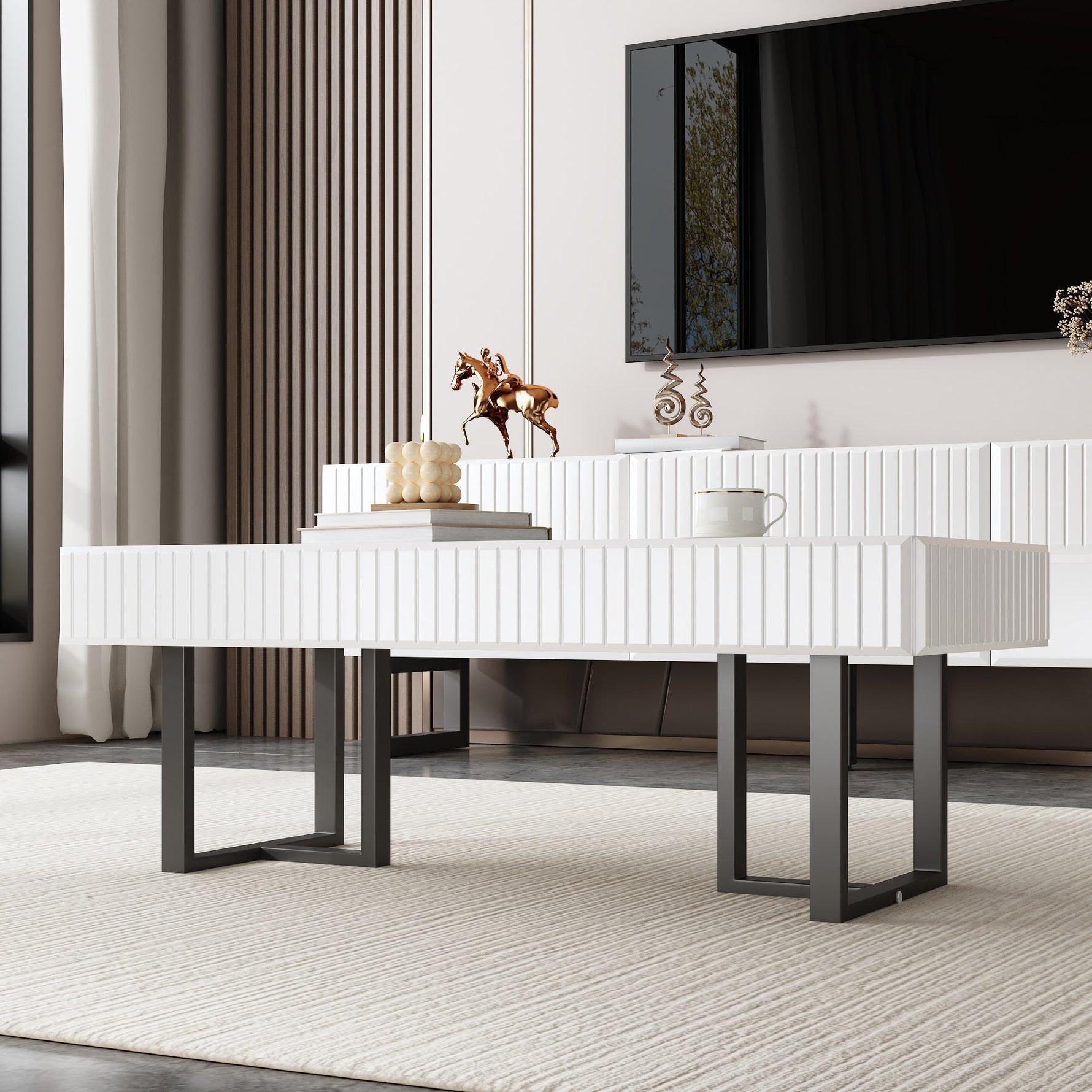 Coffee Table and TV Cabinet Set Modern Minimalist Storage Furniture - Black and White Stripe