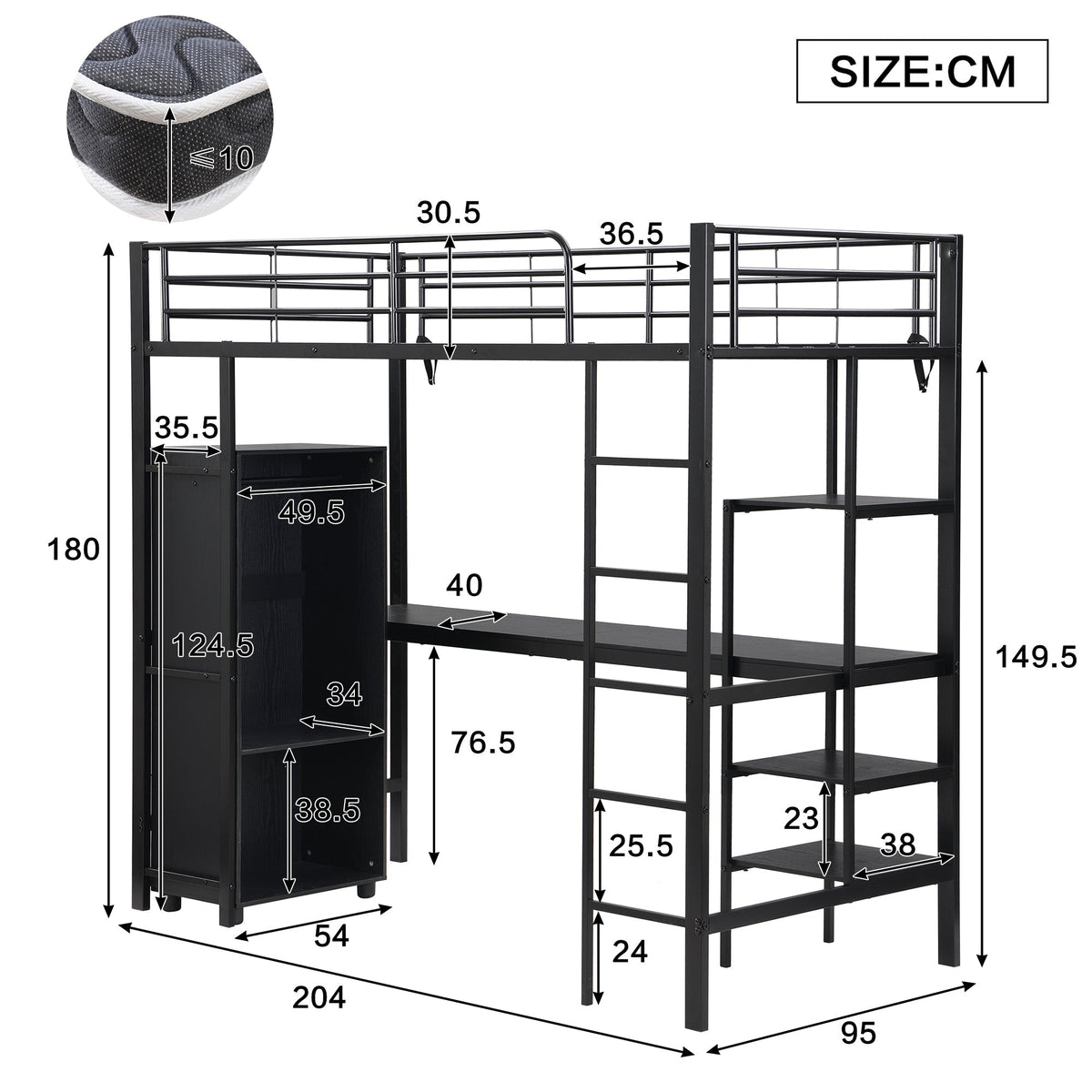 Iron Bunk Bed with Table Wardrobe Storage Ladder 90x200cm, Black Iron/Chipboard