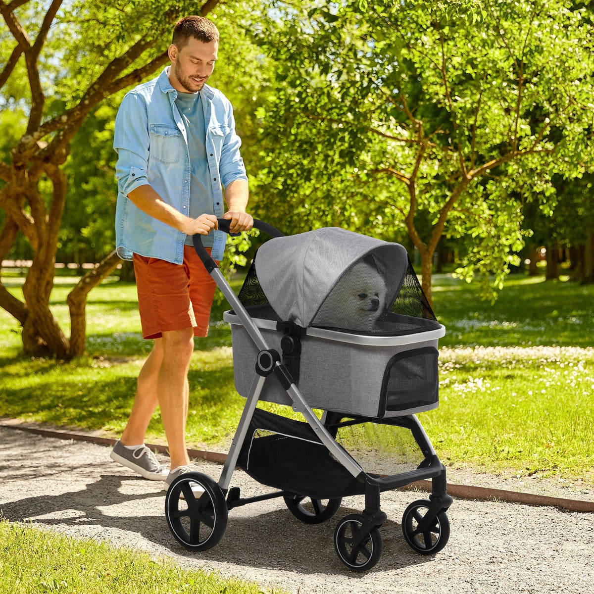 Dog Stroller 2-in-1 Foldable, Brakes, Mesh Window, Light Grey