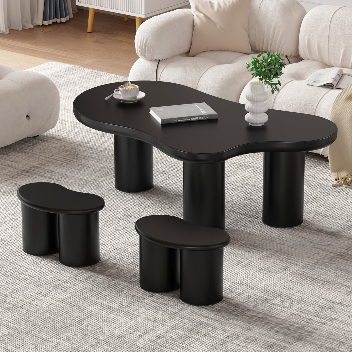 Irregular Bench Coffee Table, 2 Small Stools 16x42x24.5cm, Black