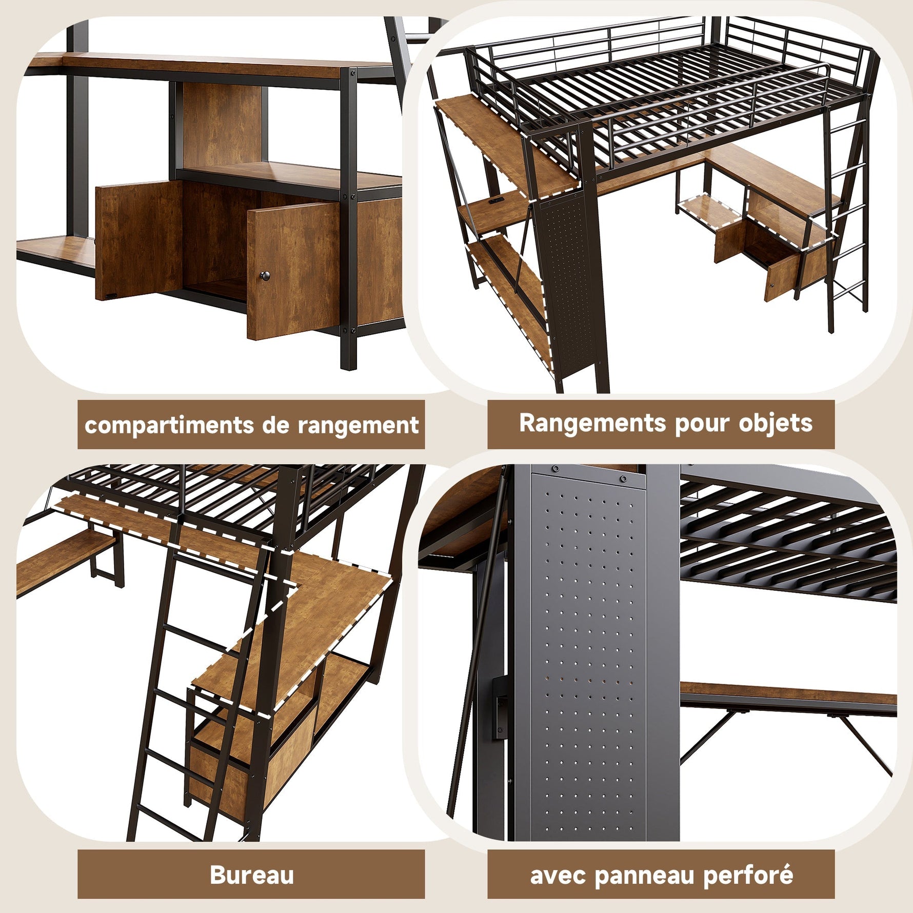 Loft Bed 90x200cm Iron Frame with Desk LED Light Storage Pegboard USB Black