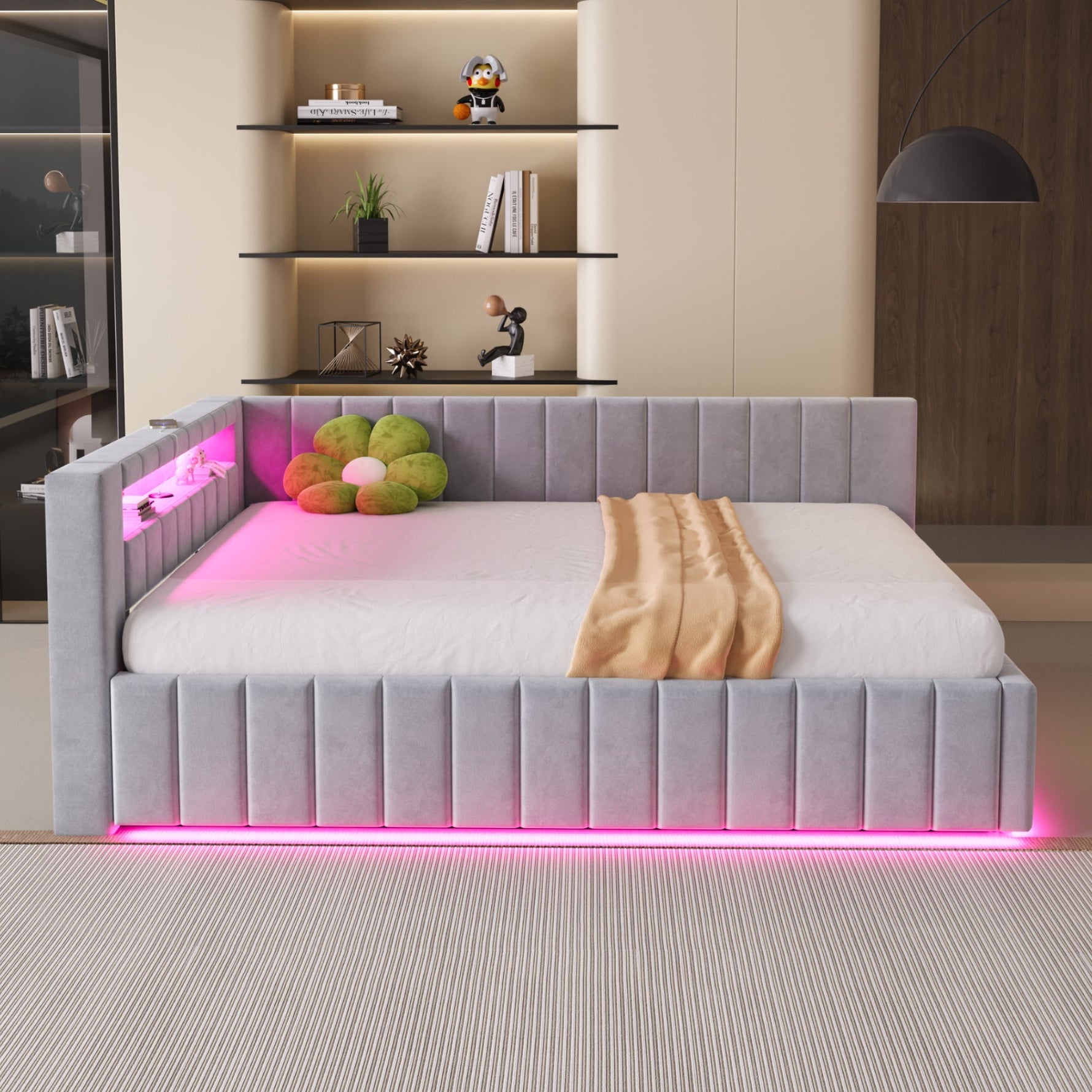 Upholstered Bed/Sofa Bed 140x200 Hydraulic Storage LED/USB Light Grey Velvet Fabric
