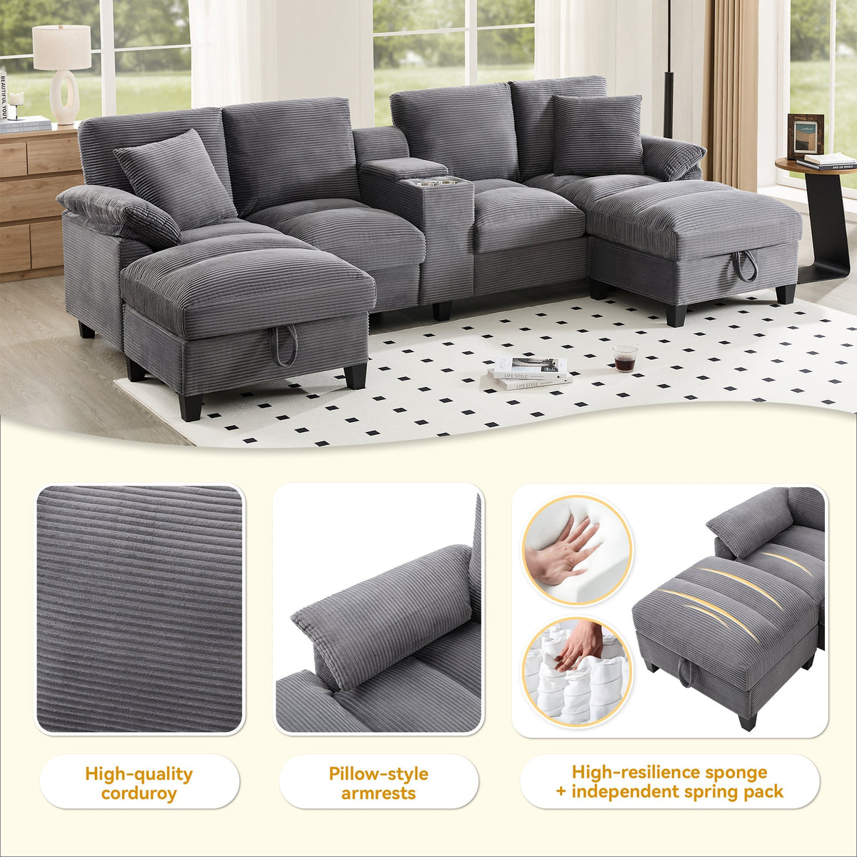 U-Shaped Sofa 4-Seater Oversized Storage USB Cup Holders - Corduroy
