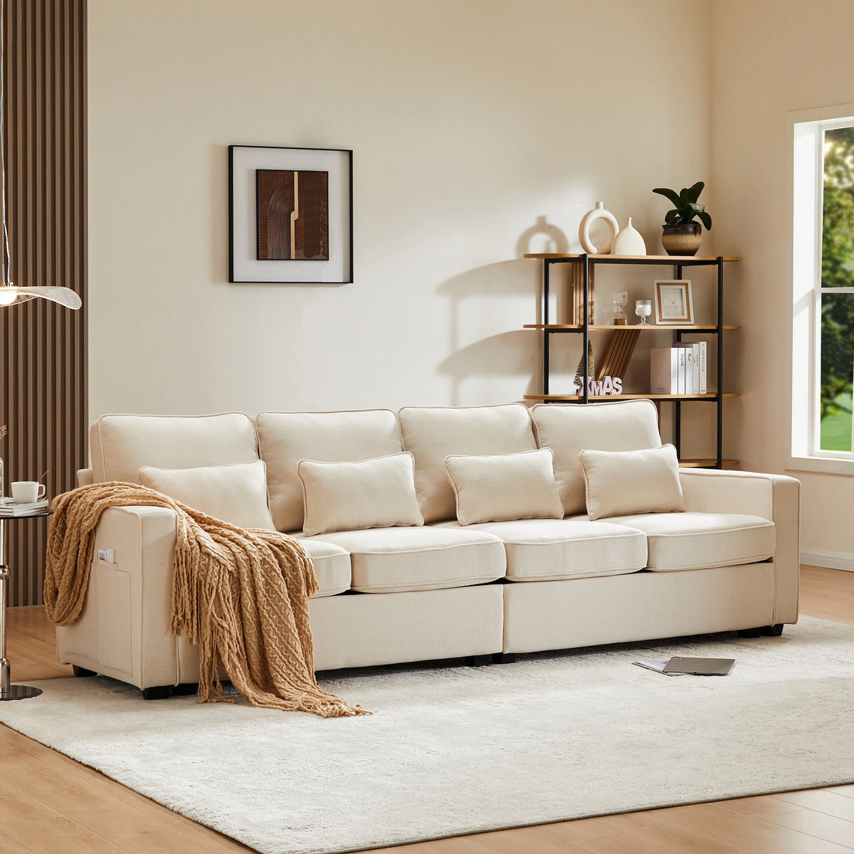 Sofa 4-Seater Linen Fabric with Armrest Pockets & 4 Cushions, Simple Style