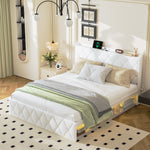 Upholstered Double Bed 160x200cm, USB LED & 6 Drawers, White Plush