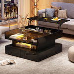 Coffee Table Height-Adjustable Hidden Storage LED Lights Tempered Glass, Black