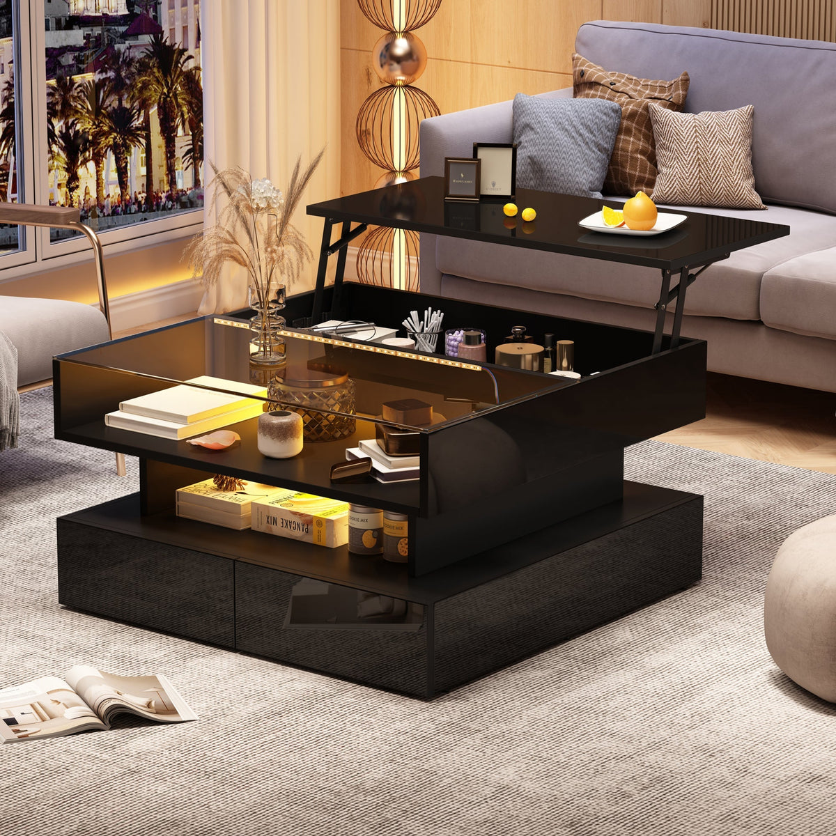 Coffee Table Height-Adjustable Hidden Storage LED Lights Tempered Glass, Black