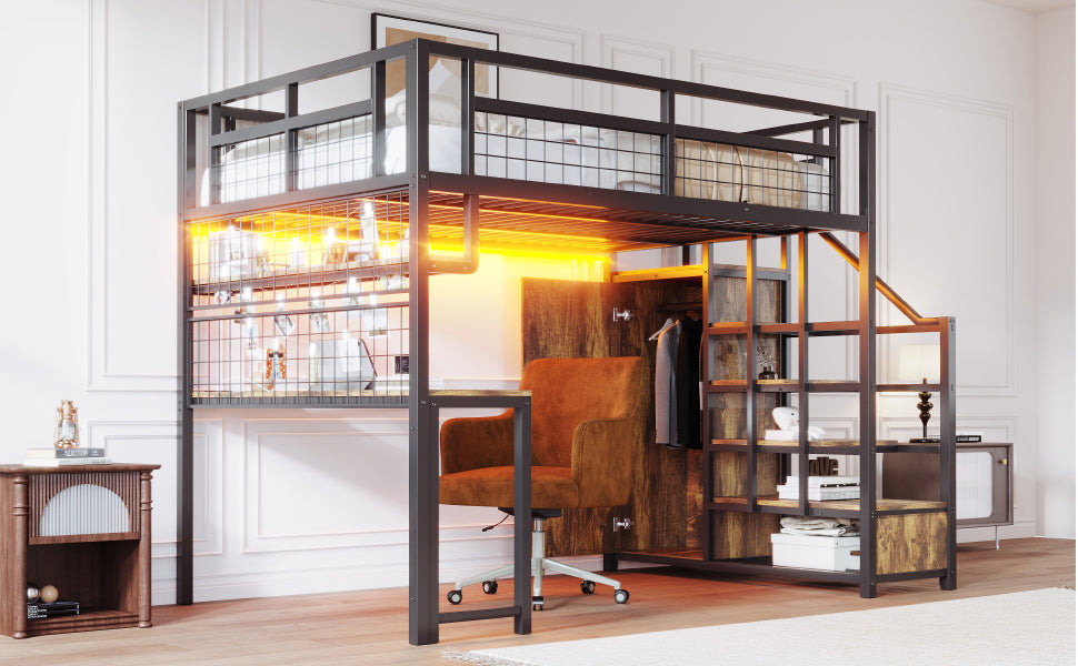 Metal Loft Bed with Storage Ladder, Wardrobe, Table, Shelf and LED, 140x200cm, Black Metal