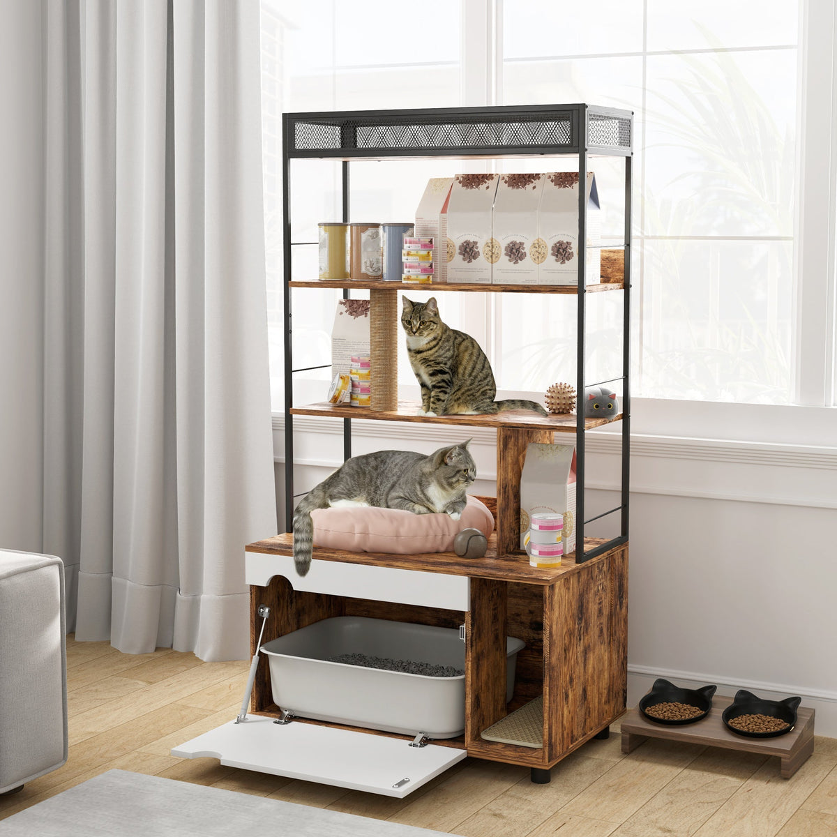Cat Litter Cabinet, 2-in-1, 3-Tier Shelf, Scratching Post, Rustic Brown