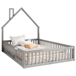 Children's Upholstered Bed with Chimney Shape and Slatted Base, 140x190cm, Grey Pine Wood