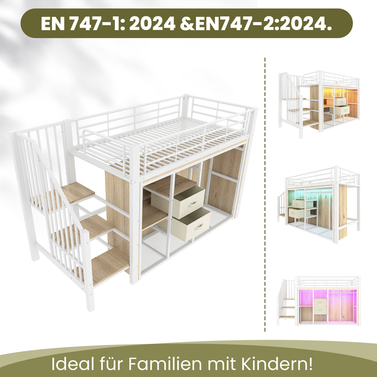 Mid-Height Bed 90x200cm with LED Lighting & Storage, White