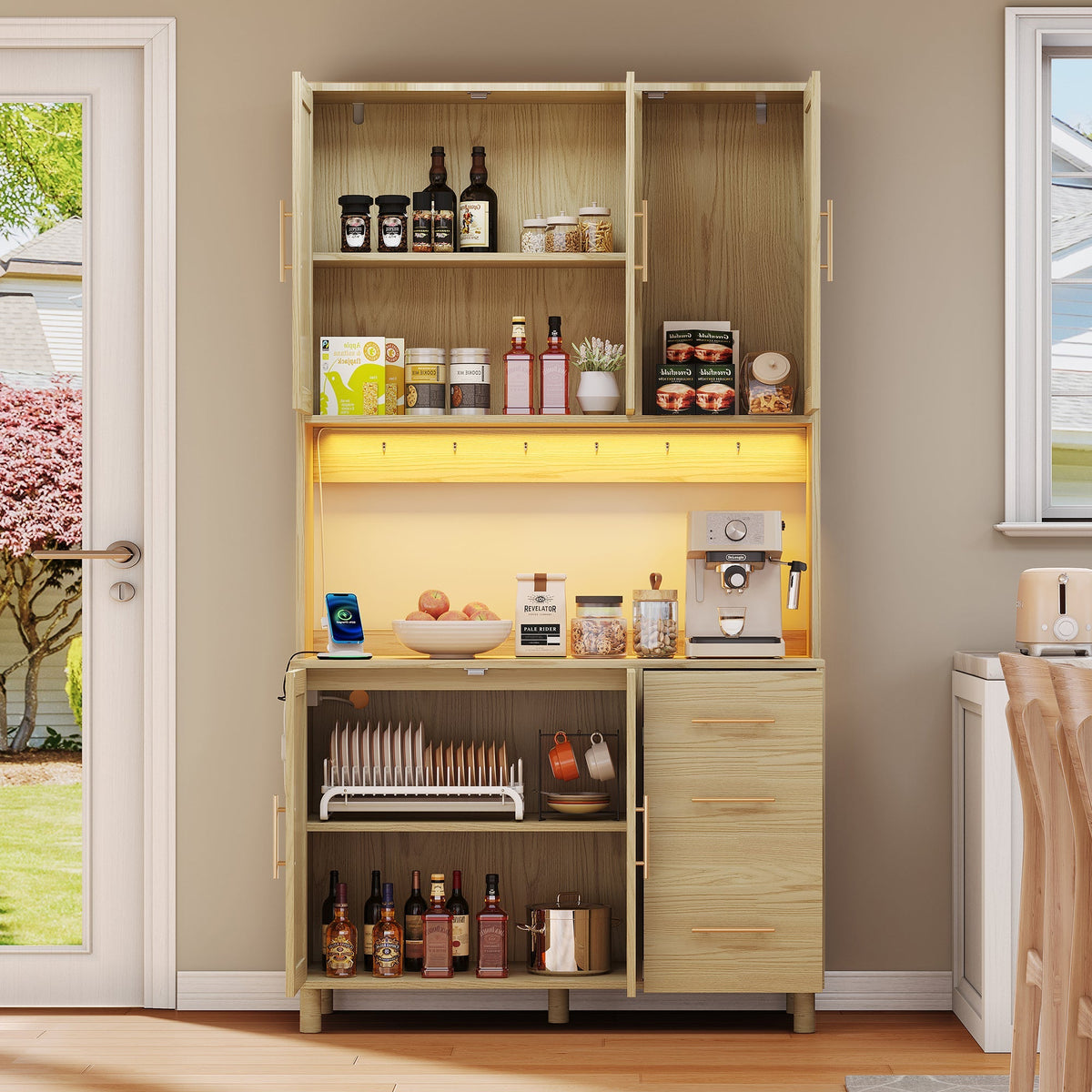 Kitchen Sideboard Buffet 183cm LED Charging Station 3 Drawers Gold Handles