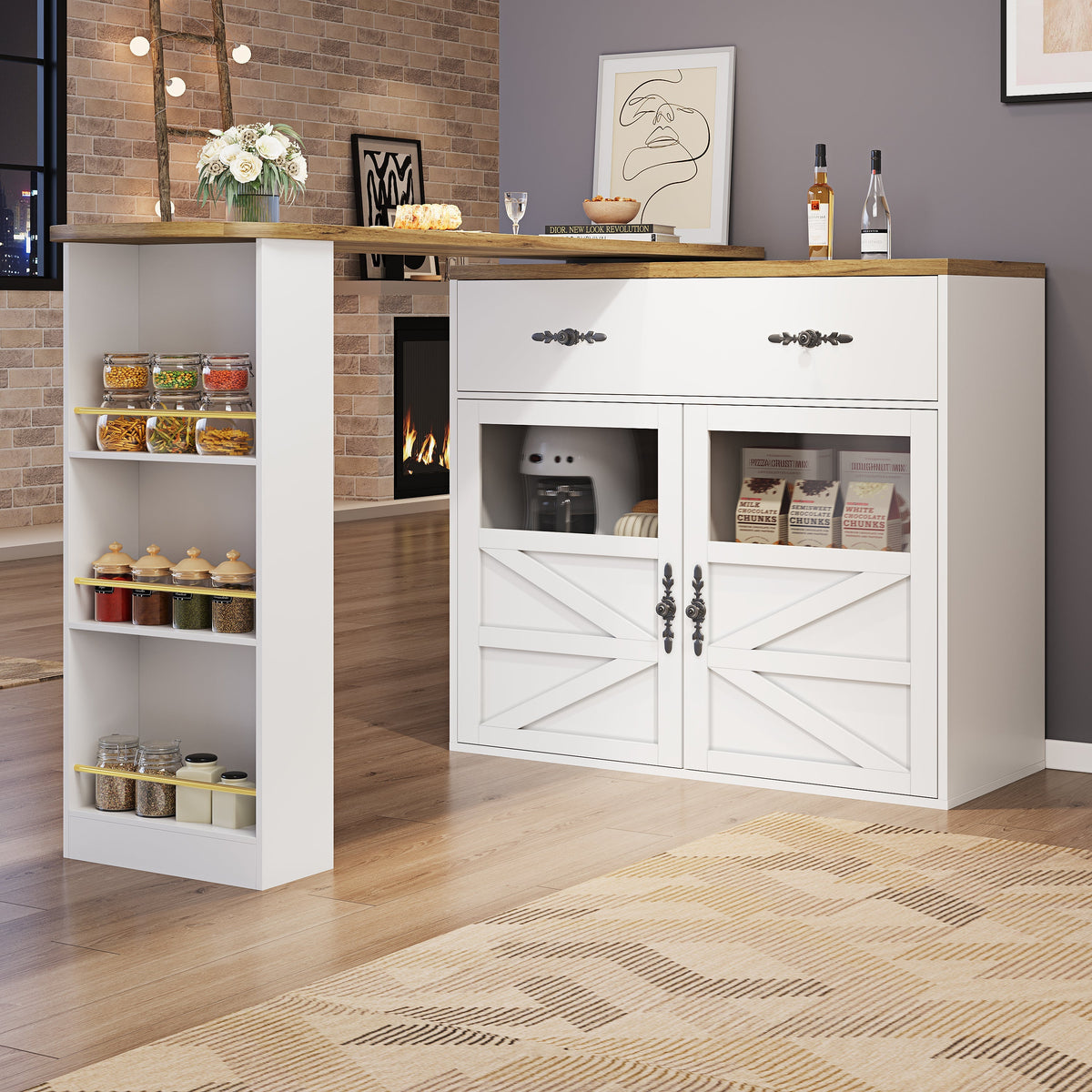 Extendable Bar Table 360° Rotating Storage Shelves - White