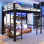 Loft Bed with Storage, Net, Clothes Rail and LED Light Strip, Iron Frame, Black