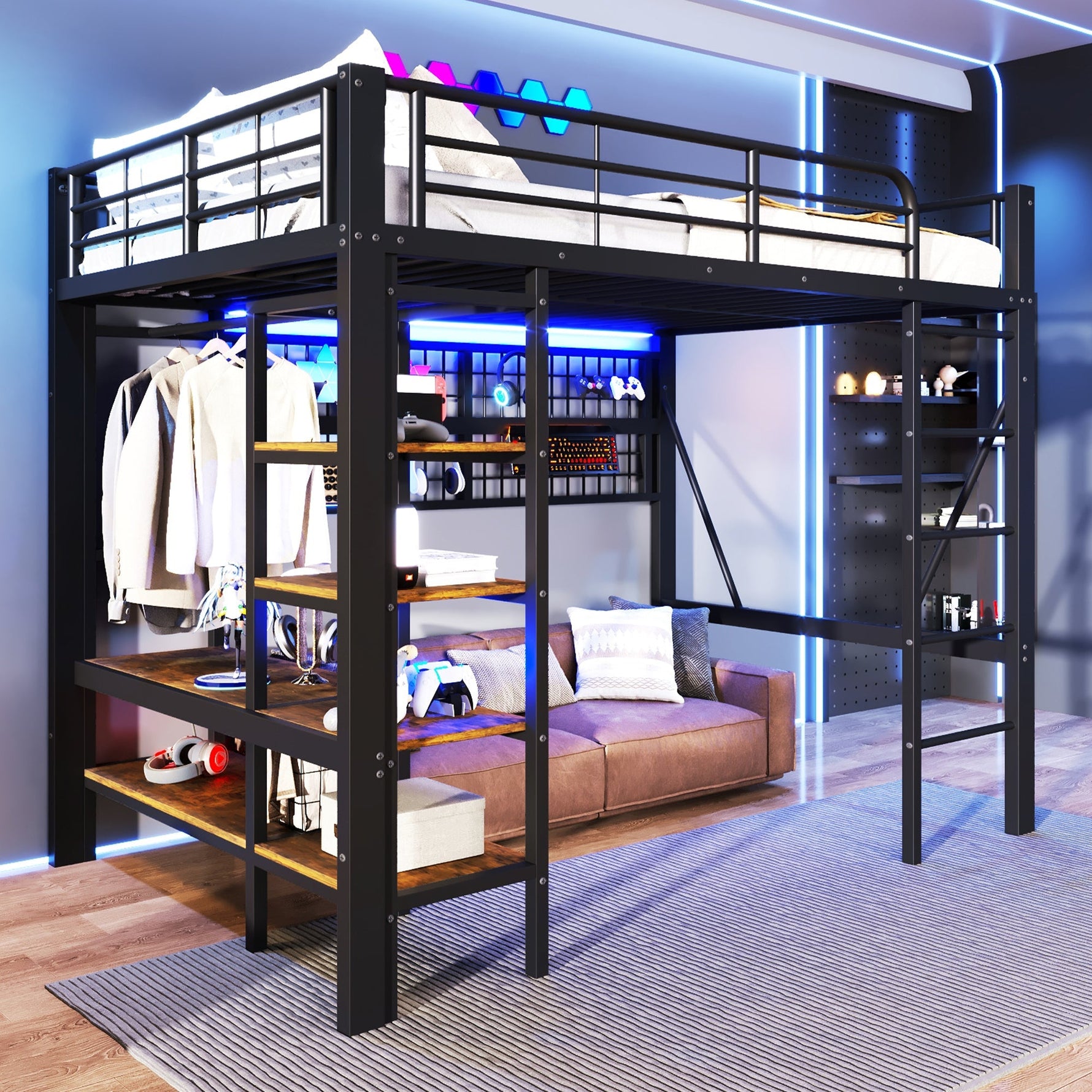 Loft Bed with Storage, Net, Clothes Rail and LED Light Strip, Iron Frame, Black