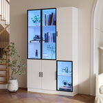 Glass Display Cabinet with LED Lights and 10 Storage Compartments, White and Glass