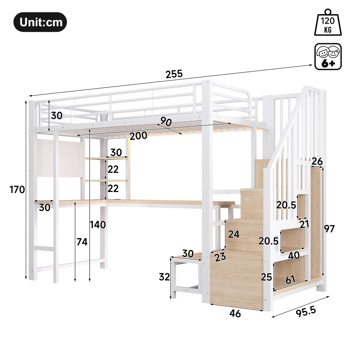 Loft Bed 90x200cm with Desk, LED Lighting & Storage - White