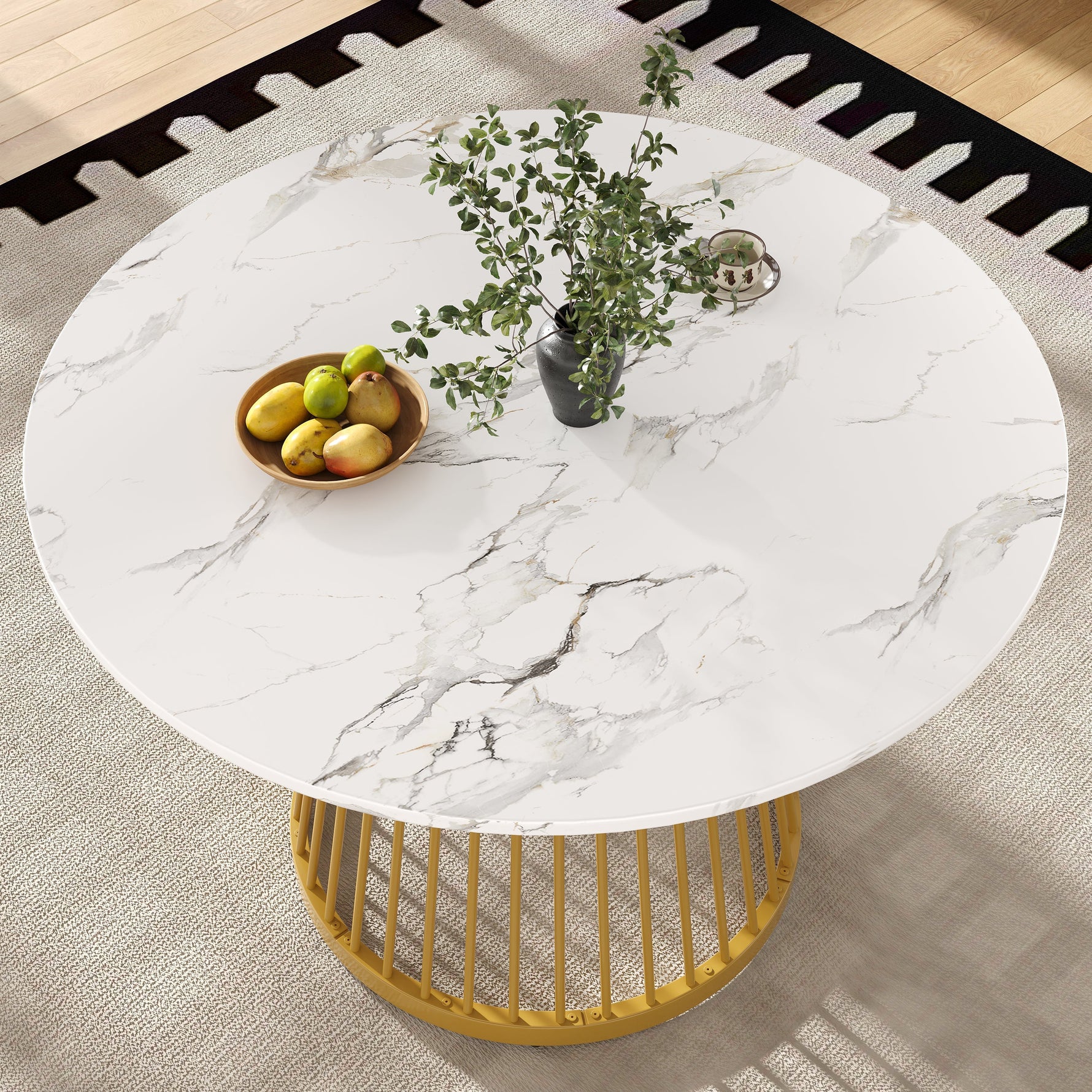 Round Dining Table 80cm 4-Person MDF Marbled Top Gold Legs