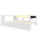 Platform Bed 140x200 with Shelves, Drawers & LED, White Wood