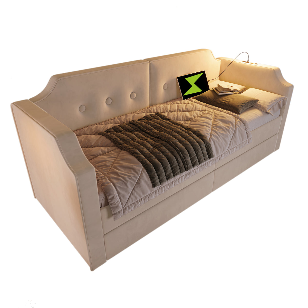 Upholstered Daybed 90x200cm with USB & 2 Drawers, Beige Velvet