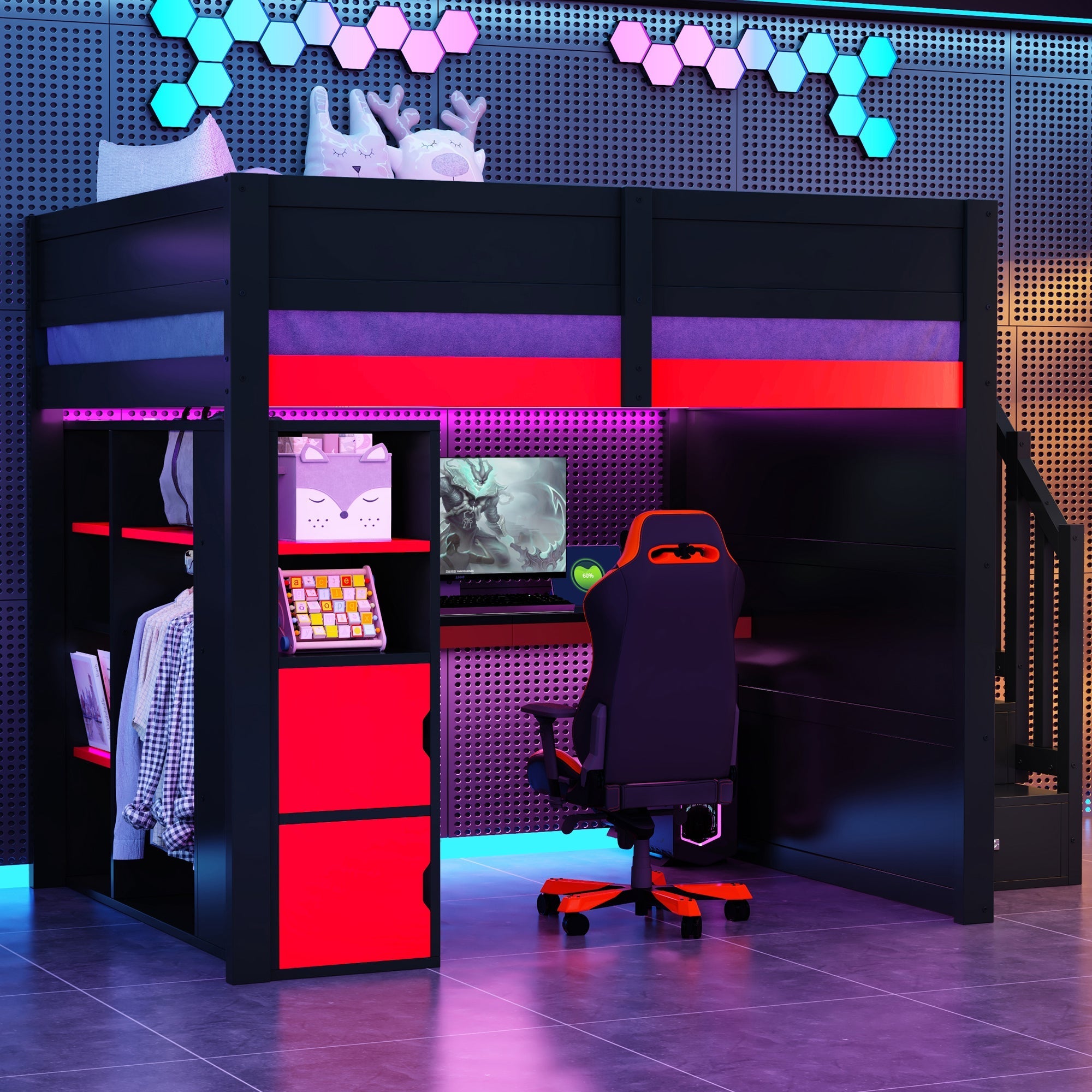 Gaming Wooden Loft Bed with Desk, Multi-Tier Storage, LED Lighting, USB Port and Staircase, Black and Red