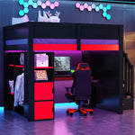 Gaming Wooden Loft Bed with Desk, Multi-Tier Storage, LED Lighting, USB Port and Staircase, Black and Red