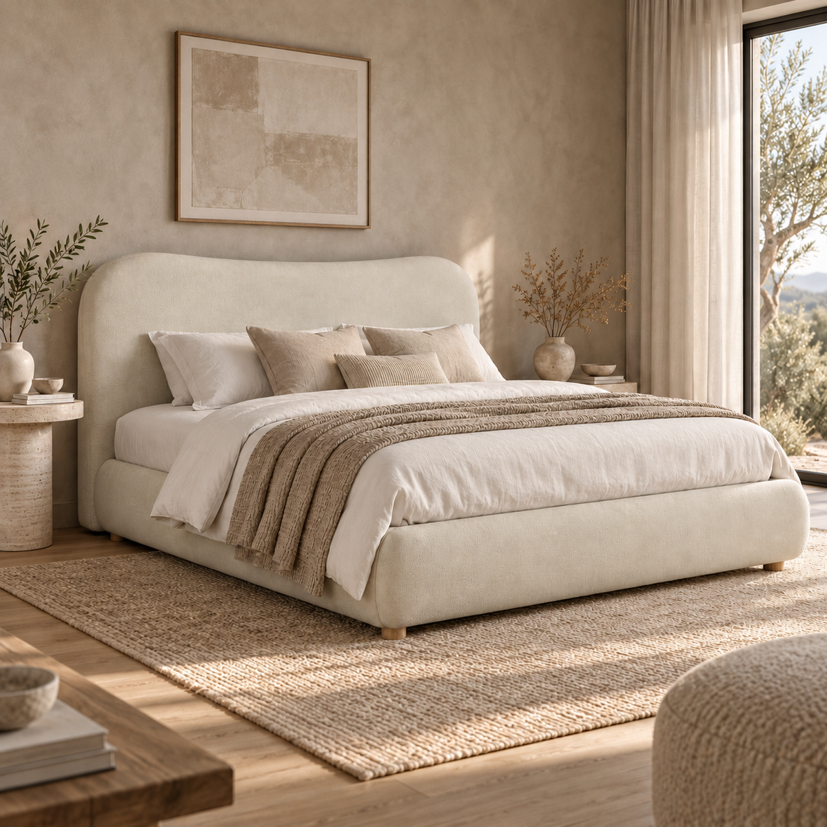 Upholstered Double Bed 160x200cm Hydraulic Storage, Beige Chenille
